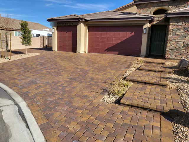 Three-car paver driveway