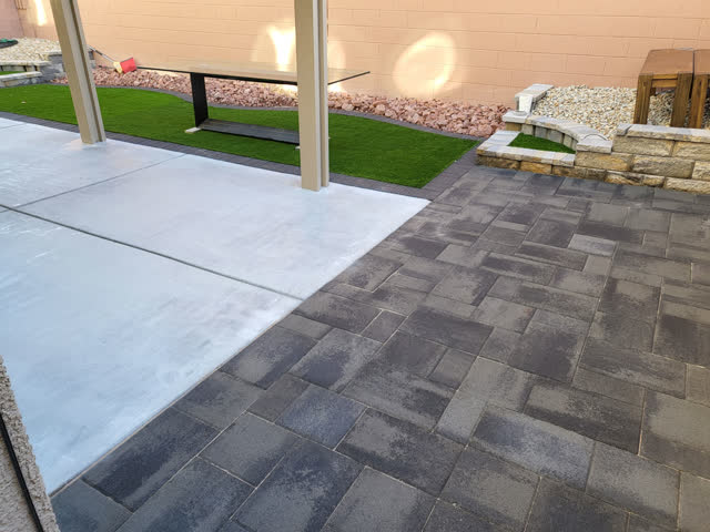 Charcoal slab paver patio
