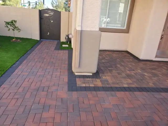 Red and charcoal paver entry walkway
