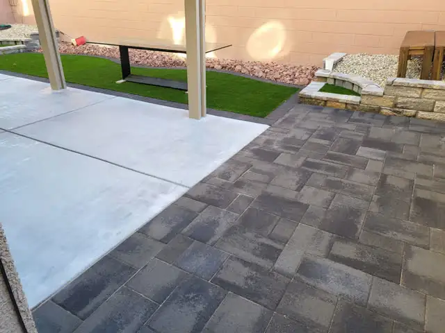 Charcoal slab paver patio
